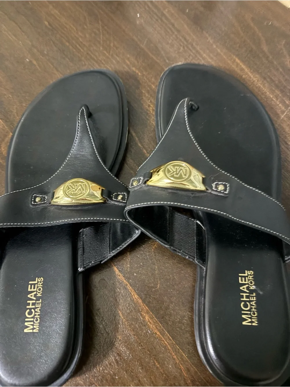 Michael Kors Black Leather Thong Sandals with Gold MK Emblem